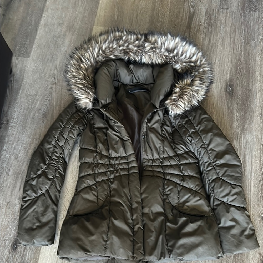 STEVE MADDEN Women's Olive Quilted Jacket with Removable Faux Fur Hood